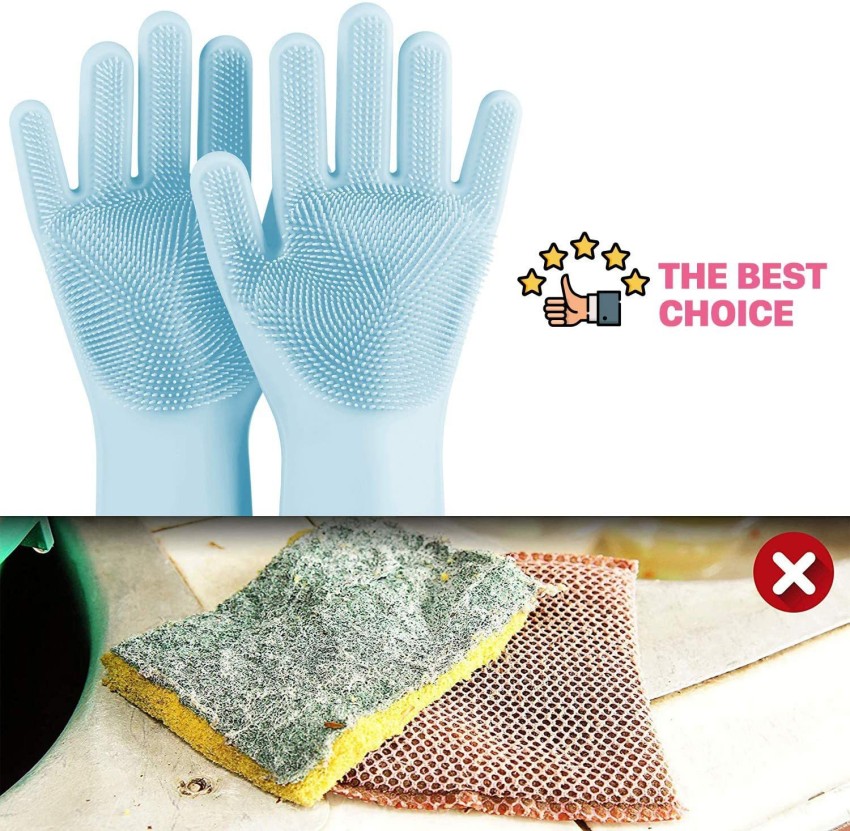 Magic Silicone Household Cleaning Gloves, Anzoee Reusable Rubber Dishwashing Gloves Kitchen Gloves With Sponge Scrubbers For Household, Pet Bathing, B