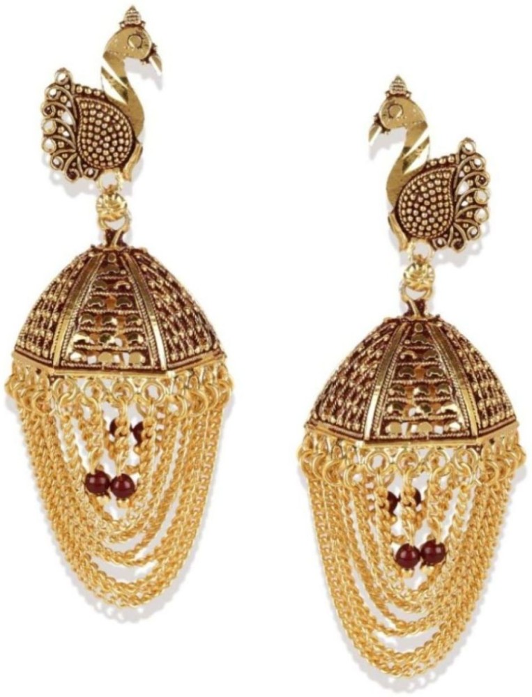 GoldToned  White Crescent Shaped Drop Earrings  Jhumka Earring Chai   Lady India