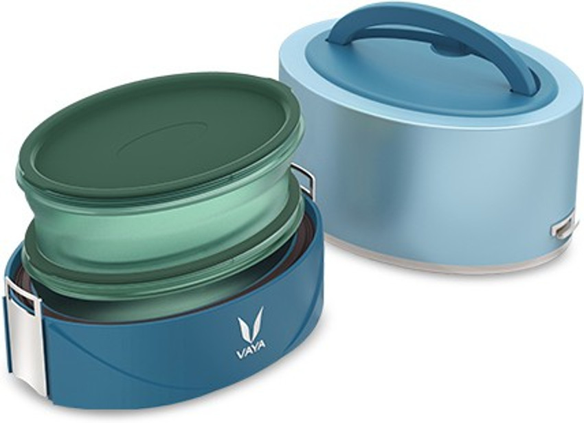 Flipkart Vaya Tyffyn Flex Blue 600 ml Vacuum Insulated Lunch Box without BagMat and BPA free Plastic Microwaveable Containers 2 Containers Lunch Box