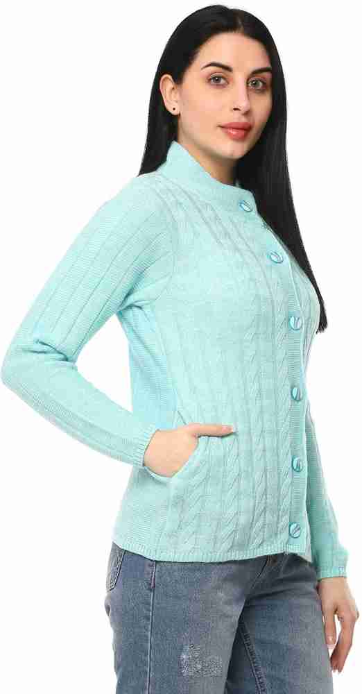 Glamaze Self Design High Neck Casual Women Blue Sweater Buy