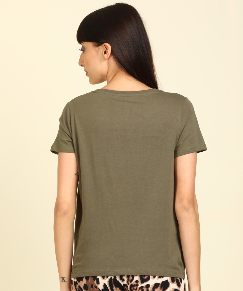 Buy Goldstroms Printed Women Round Neck Green T-Shirt Online at