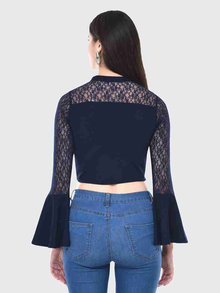 BuyNewTrend Casual Bell Sleeve Solid, Lace Women Dark Blue Top - Buy  BuyNewTrend Casual Bell Sleeve Solid, Lace Women Dark Blue Top Online at Best  Prices in India