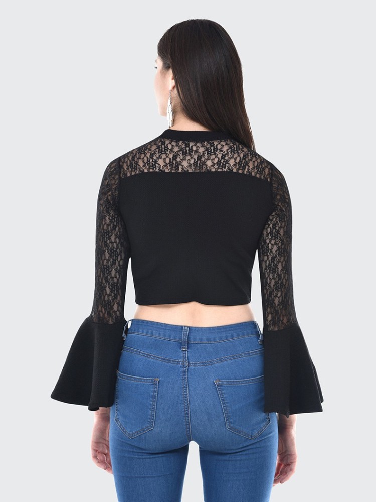 Tulla Lace Bell Sleeve Crop Top in Black