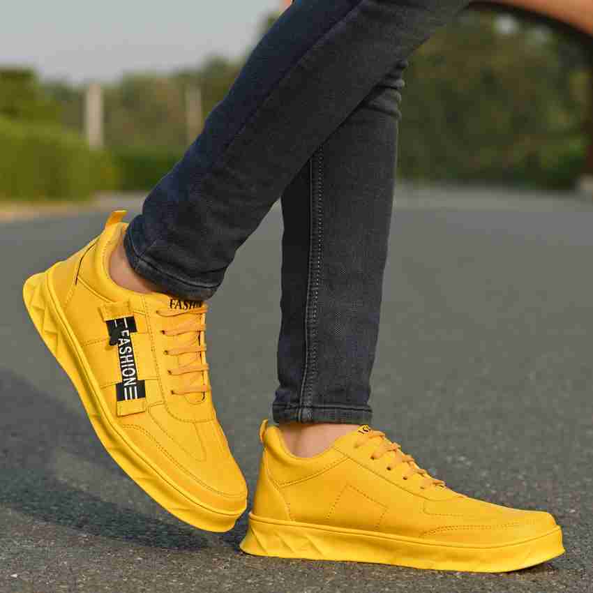 CARRITO Mens Boys Perfect Stylish Light Weight Outdoor Trendy Fashionable and Comfortable Yellow Running Shoes with Attractive Party wear Design and Casual Lace Up look Walking Shoes For Men Walking S...
