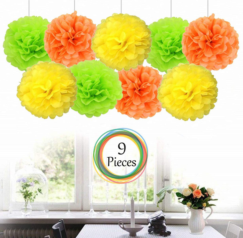 DECOR MY PARTY Orange Yellow Light Green 9 Pcs Paper Hanging Pom