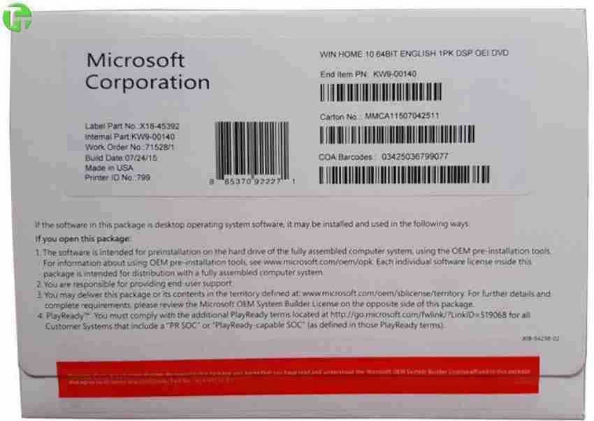 Windows 10 Home - License - 1 license - OEM - DVD - 64-bit - English 