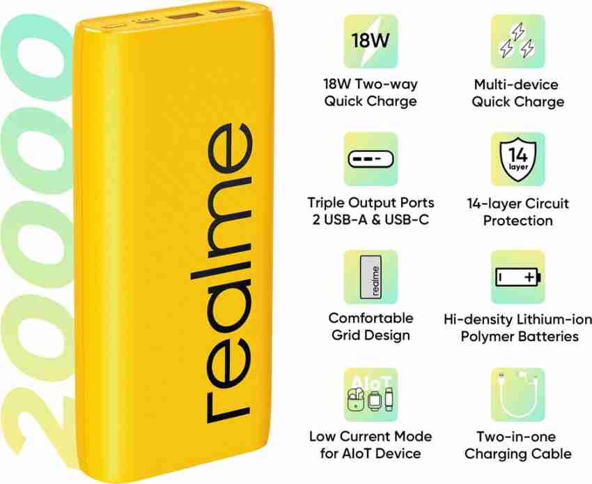 realme 200000 mAh Power Bank (Quick Charge 2.0, Power Delivery 2.0, 18W)  Black – Telecom Inox