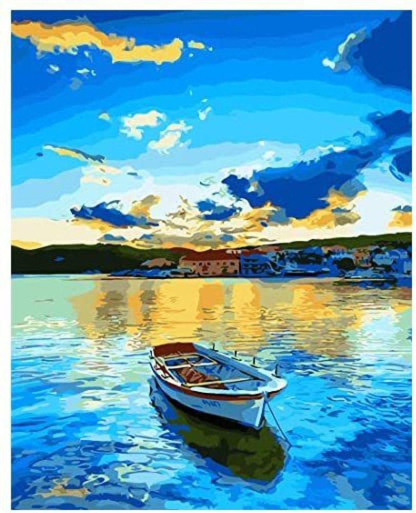 ShuaXin Paint by Numbers DIY Acrylic Painting Kit for Adults Kids Beginner  “ 16x20 inch Lake Boat with 3 Brushes Bright Colors F - Paint by Numbers  DIY Acrylic Painting Kit for