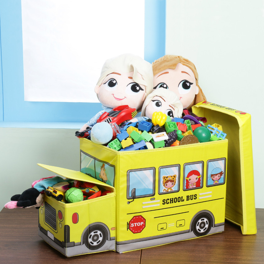 Pokory Bus shaped Foldable Toy Storage Box with Lid Yellow colour