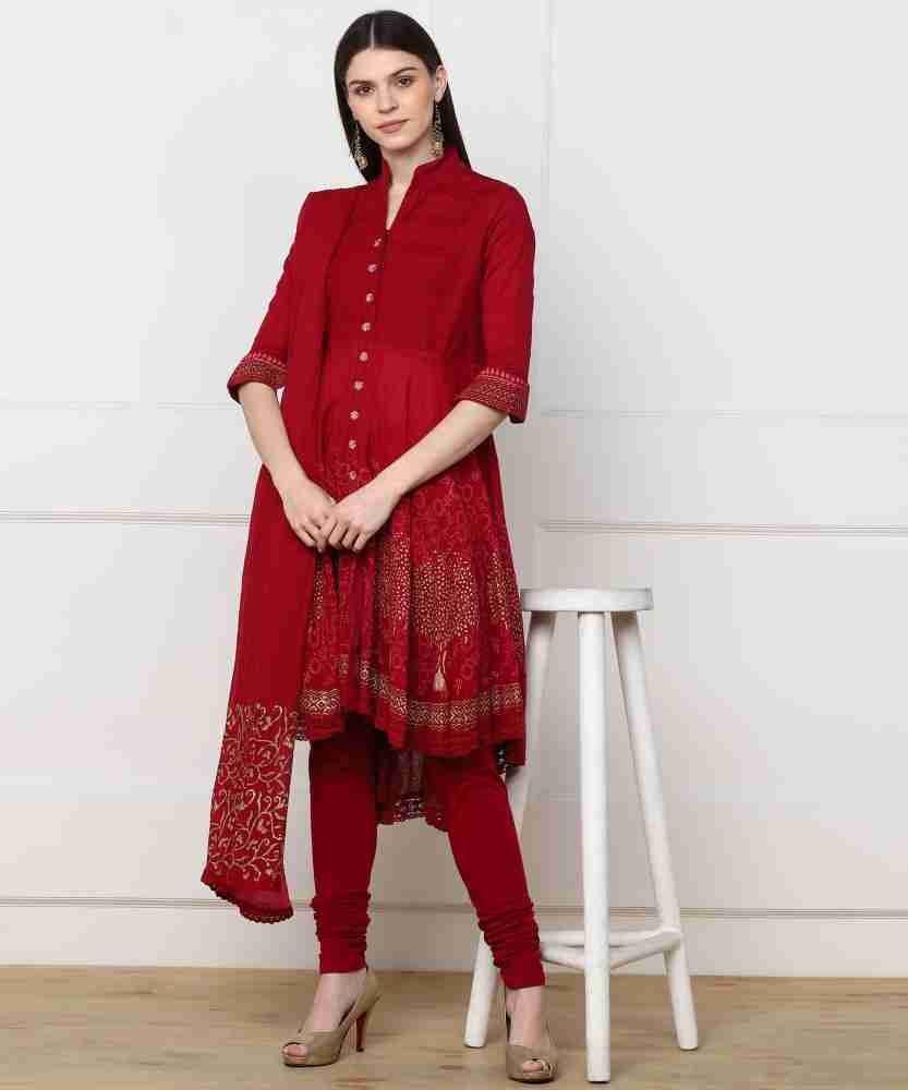 Buy BIBA GIRLS Red Girls Mandarin Collar Solid Churidar Suit with