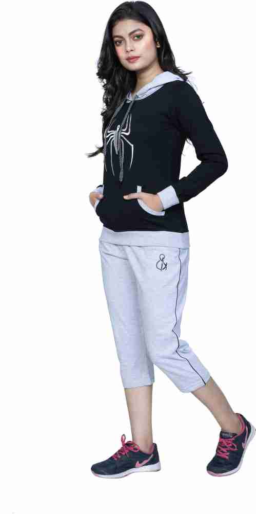 StyleAOne Women's Embroidered/Printed Cotton Hooded Full Sleeve Grey Top  and Black Capri Set (Medium) - Price History