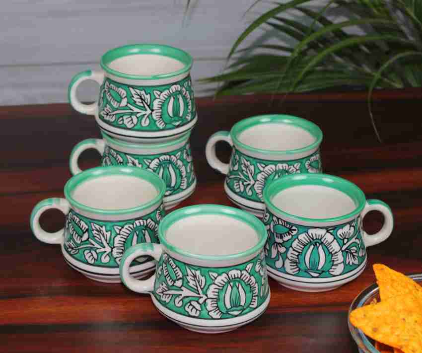 Handpainted Ceramic Tea Cups Set of 6 Cups & Coffee Mug 'Floral' (180 ML)