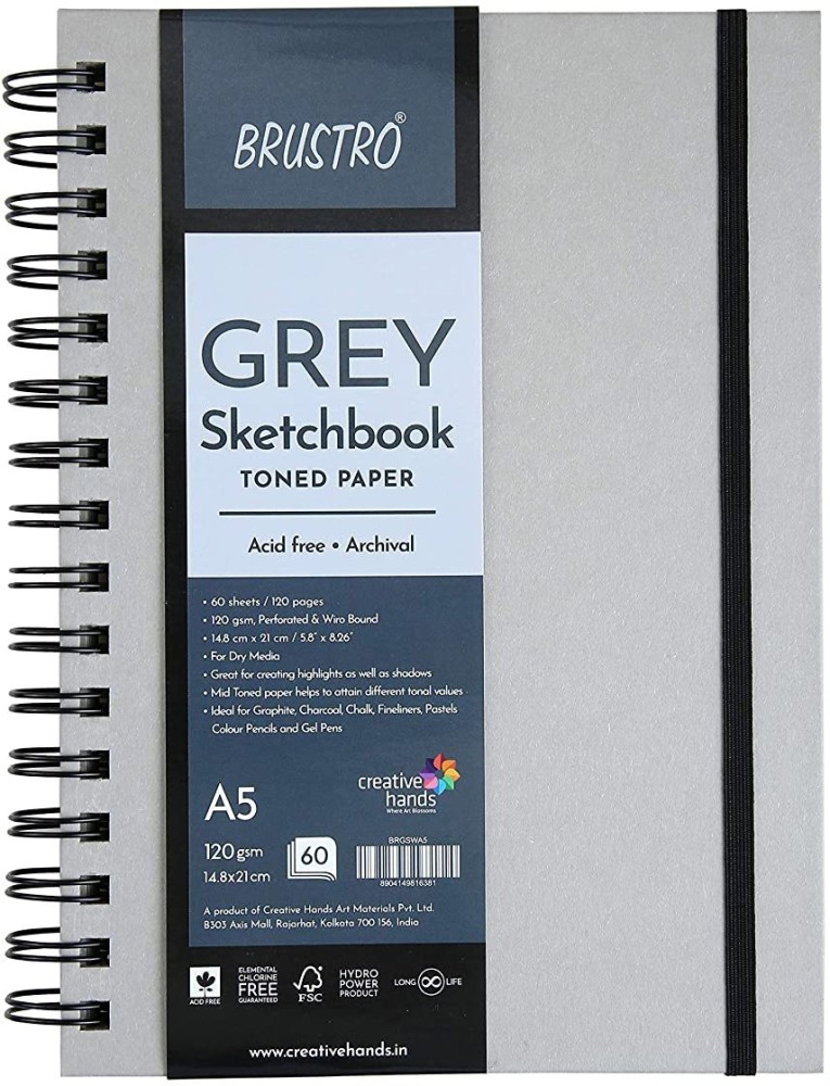 BRuSTRO Toned Paper - Grey Sketchbook, Wiro Bound, Size A5 120GSM