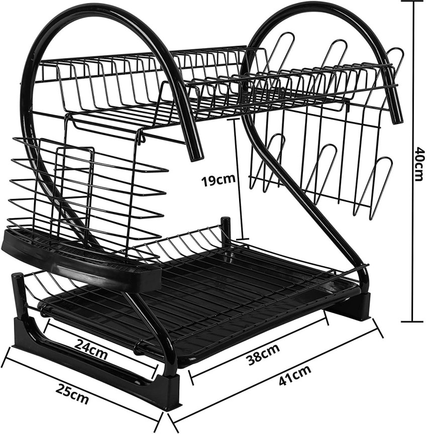 Black 2-Tier Collapsible Dish Rack with Removable Drip Tray