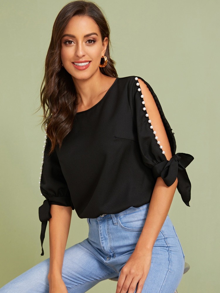 Aahwan Casual Slit Sleeve Solid Women Black Top - Buy Aahwan Casual Slit  Sleeve Solid Women Black Top Online at Best Prices in India