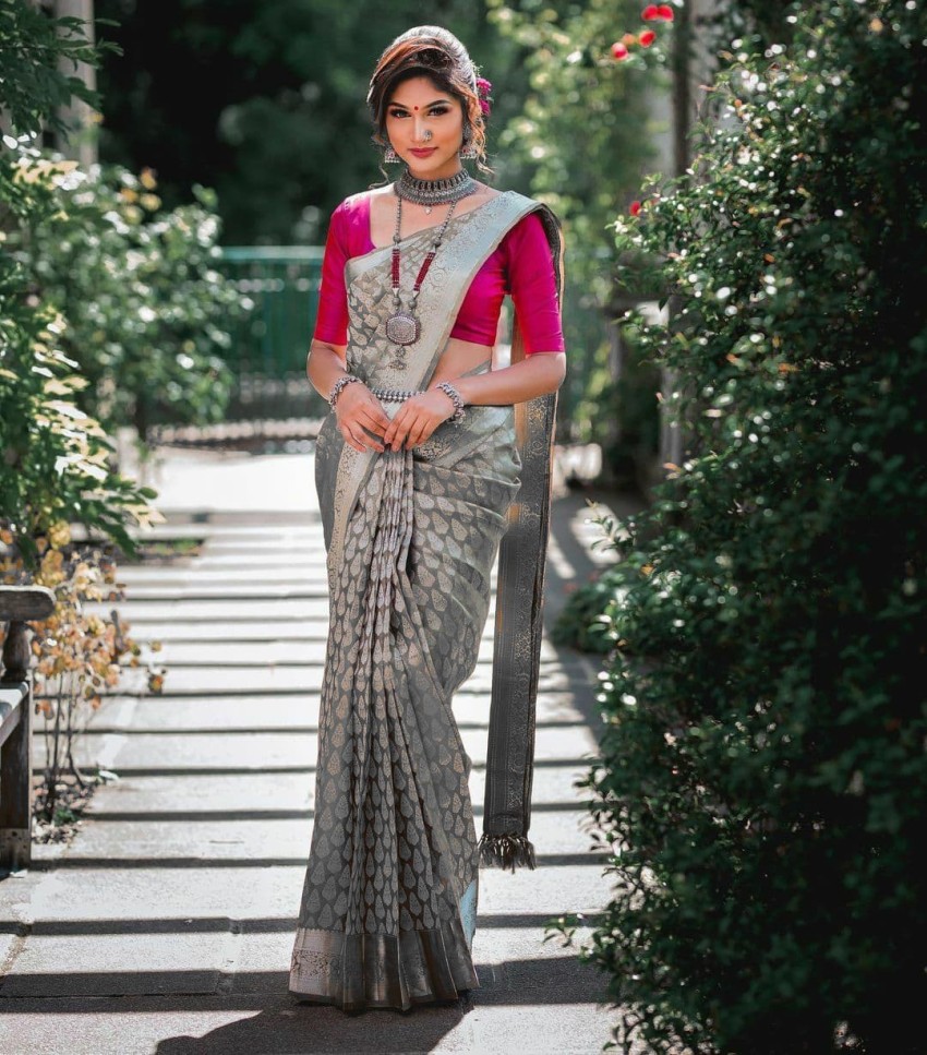 Buy Mitera Pink & Silver Toned Woven Design Banarasi Saree - Sarees for  Women 7190100 | Myntra