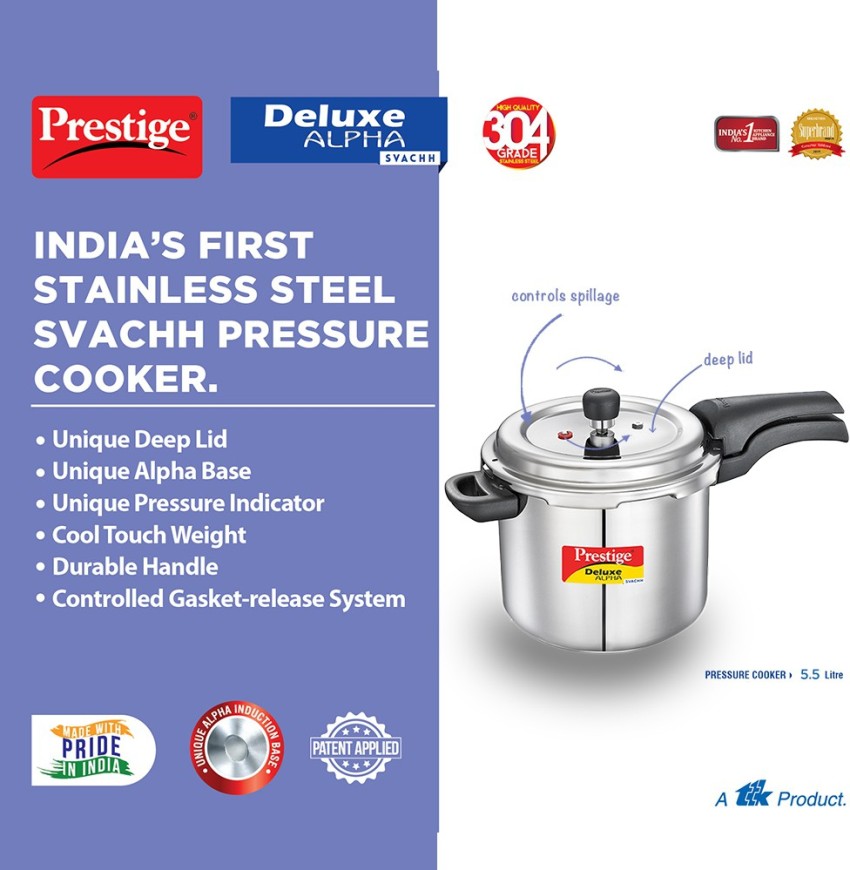 Prestige Deluxe Alpha Svachh 5.5 L Outer Lid Induction Bottom Pressure Cooker Price in India Buy Prestige Deluxe Alpha Svachh 5.5 L Outer Lid Induction Bottom Pressure Cooker online at Flipkart