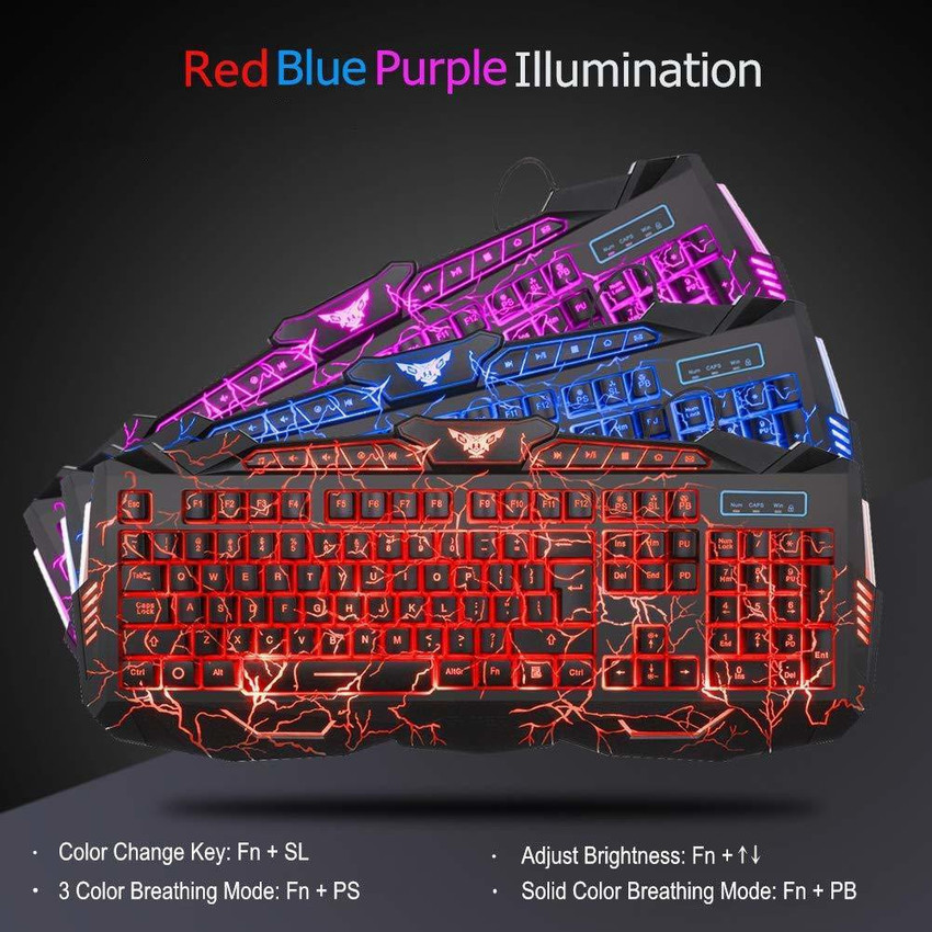MFTEK Gaming Keyboard LED Mouse and Mouse Pad Combo Crack Colors OF  LED Backlit USB Wired Keyboard, Programmable Button Lighted Gaming Mouse  AND Mouse Pad Combo Set Price