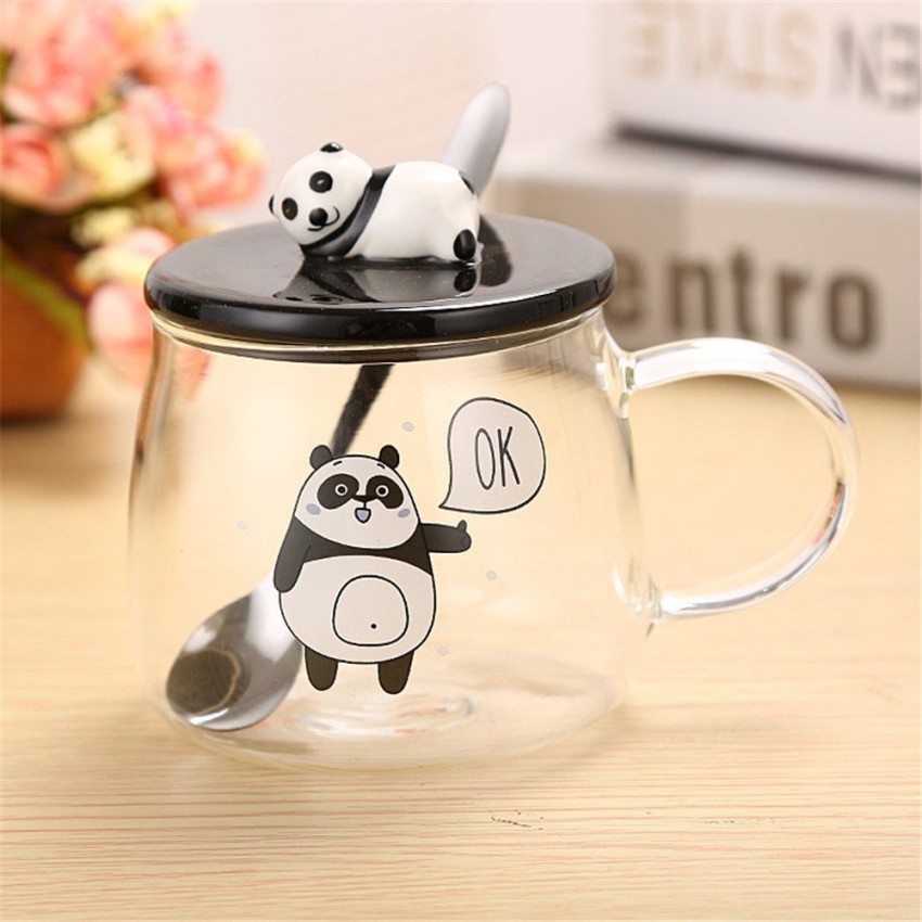 Satyam Kraft Cute 3D OK Panda Printed Panda glass Coffee Milk Tea Cup with Funny  Lid and Stainless Steel Spoon-Perfect Novelty Gift for Mom, Girls,  Girlfriend, Wife, Panda Lovers Glass Coffee Mug