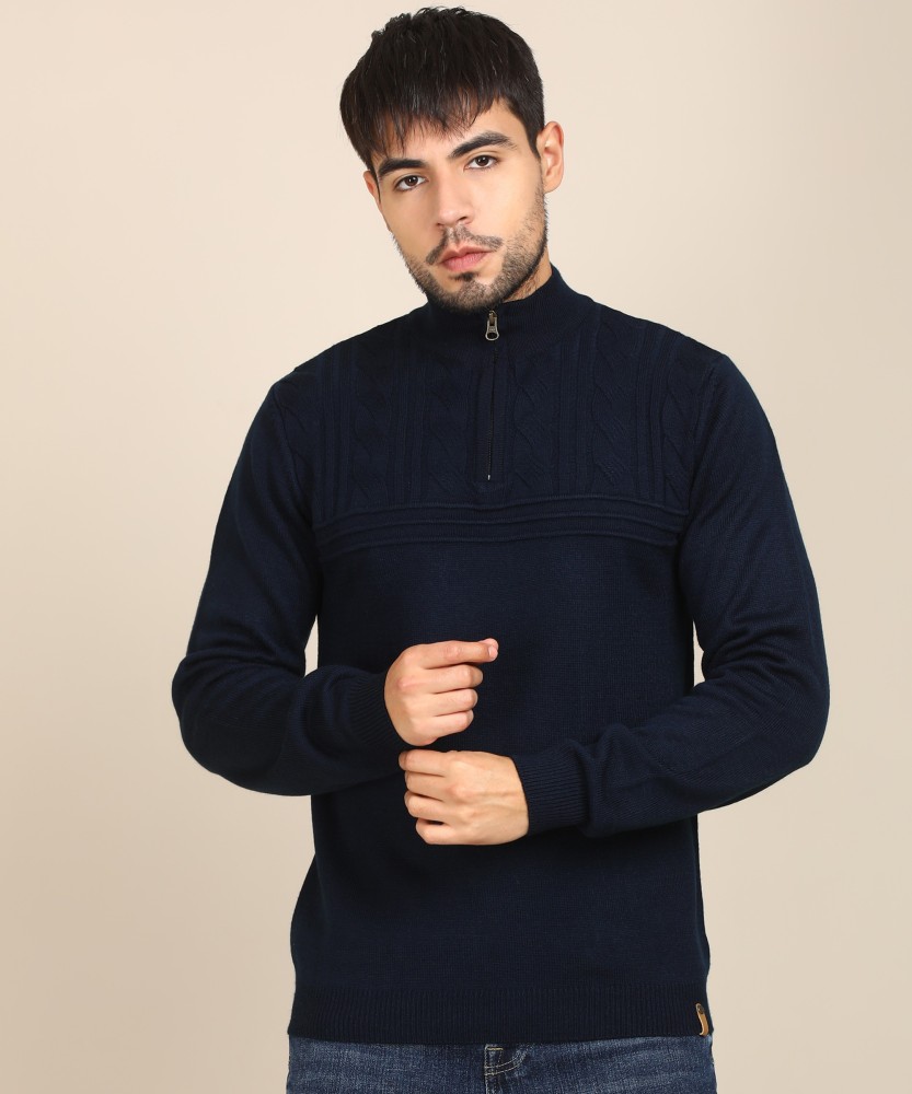 PETER ENGLAND Self Design High Neck Casual Men Dark Blue Sweater