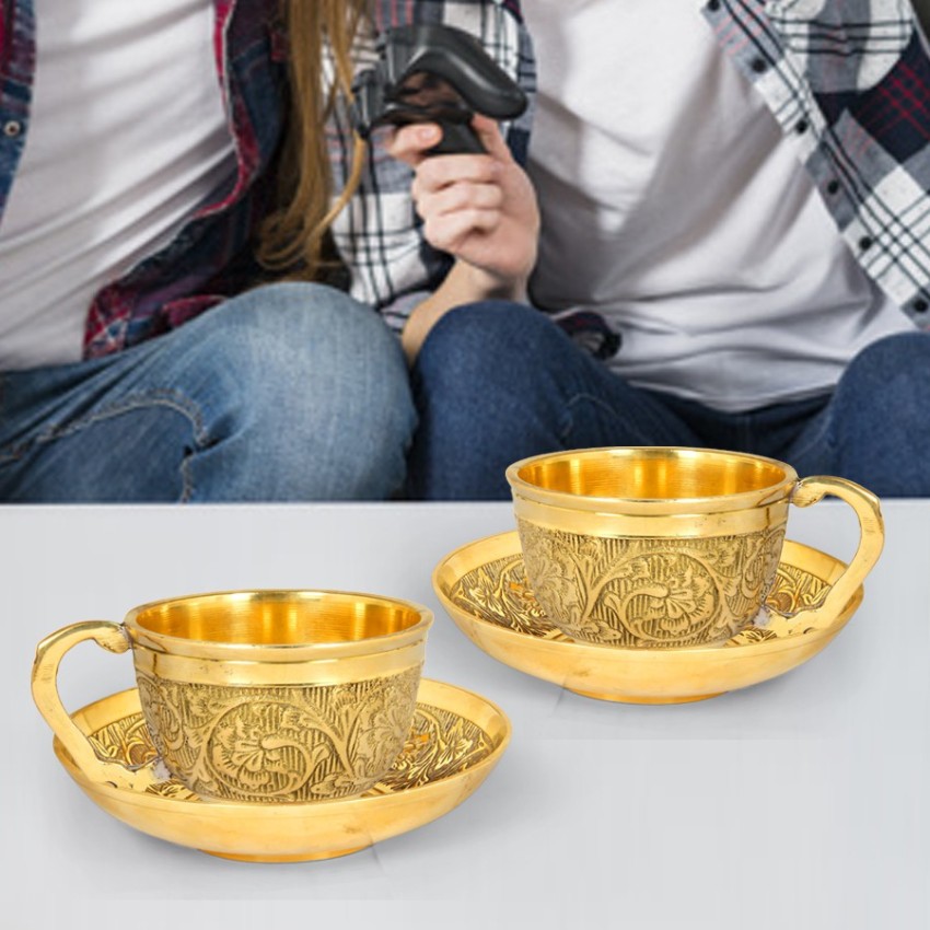 Shivlinga Pack of 8 Brass Bronze Brass Tea Cup and Saucer Set of 4  (150ml,Yellow) Home Ware & Hotel Ware & Kitchen Ware & Occasion of Diwali,  Christmas, Anniversary, Birthdays Gift Royal