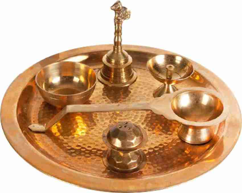 Buy 9 Pcs Brass Pooja Thali + 2 Magic Water Sensor Diya (11BPT1