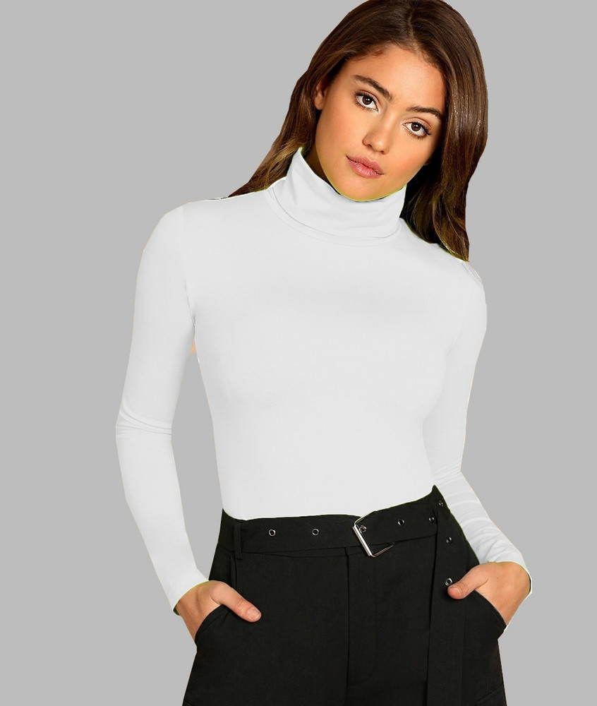 LIME Solid Women Turtle Neck White T Shirt Buy LIME Solid Women