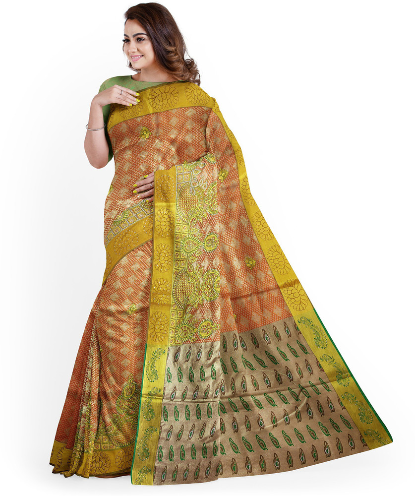 Buy Chithra Fabrics Embroidered Bollywood Cotton Silk Orange