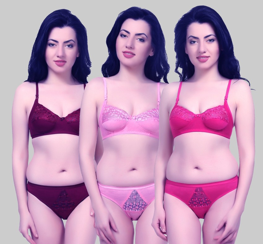 Buy Zivosis Women Red, Blue, Pink Cotton Blend Set Of 3 Bra And