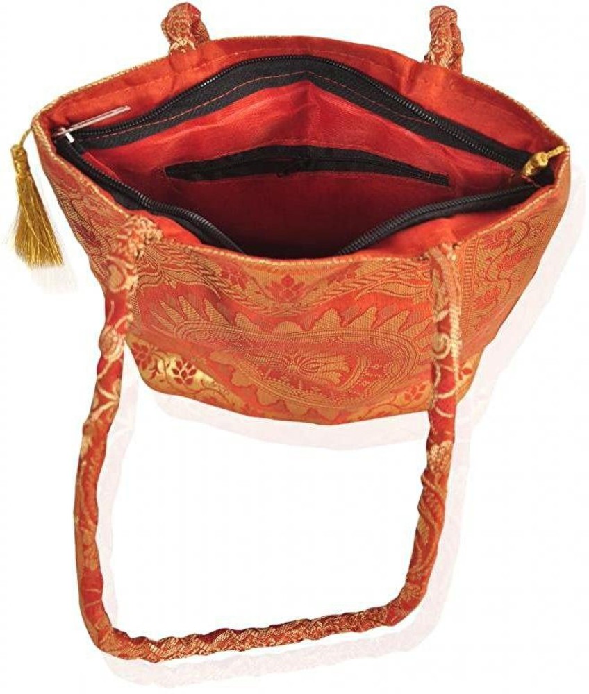 Stylish Ethnic Tote Bag In Banarasi Silk With Both Side Golden Frill Hanging