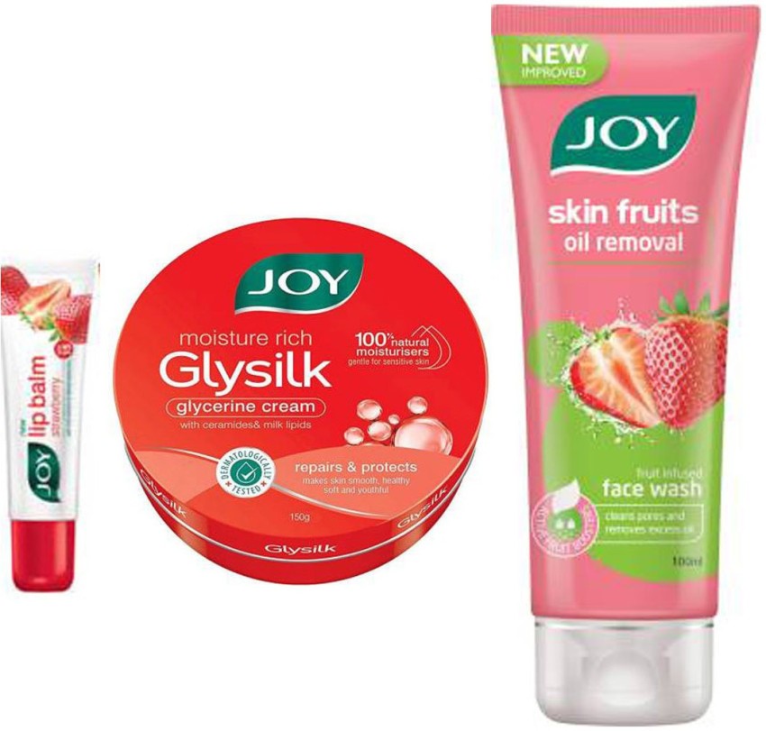 Joy Super Combo of Strawberry Face Wash (100ML) + Moisture Rich Glysilk  Glycerine Skin Cream(150ML) + lip Balm (Strawberry) 10G Price in India -  Buy Joy Super Combo of Strawberry Face Wash (