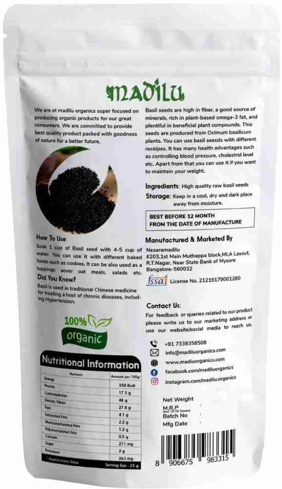 Madilu 100 Organic Premium Raw Basil Seeds 250 Grams Roasted