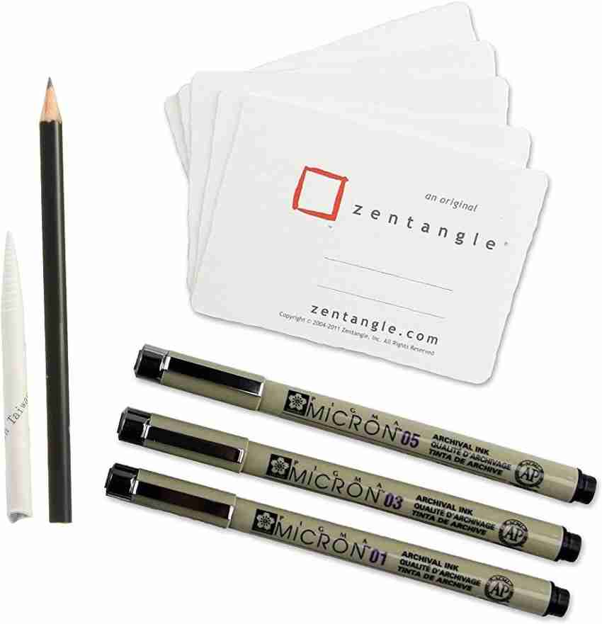 SAKURA Zentangle Tool Set -10 (Pigma Micron pens -01, 03, 05  Black, 1 black pencil, 1 Tortillon, 5 Zentangle Tiles in Off white colour-  89 x 89 mm) - Zentangle Tool Set-10