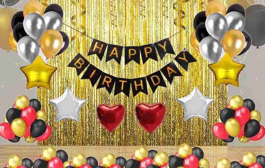 Black and Gold Birthday Decorations for Women Men 53pcs with HAPPY BIRTHDAY  Banner Curtains Bottle Crown Heart Star LED light and Balloons for