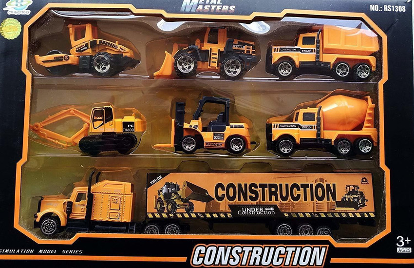 amar tex Mini Die Cast Metal 7 Pcs Vehicle Trucks Toys Play Set for Kids Metal Die Cast Construction Toy Set Construction Truck Set Mini Die Cast Metal 7 Pcs Vehicle