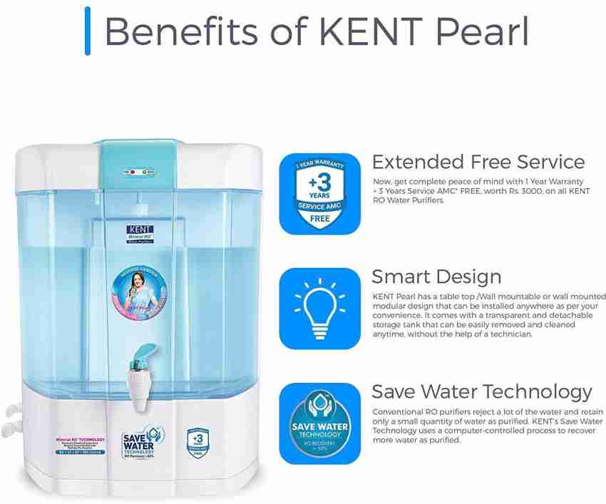 Buy KENT Pearl 8L RO + UV + UF + UV-in-tank + TDS Water Purifier with  Detachable Storage Tank and Zero Water Wastage (White) Online - Croma