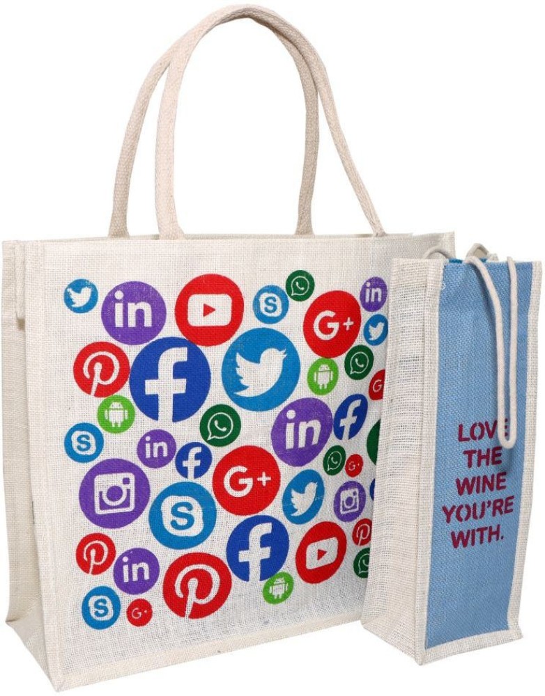 Flipkart FLI HAUT Social Media Print Jute Bags 1 Bottle Cover Lunch Bag Lunch Bag