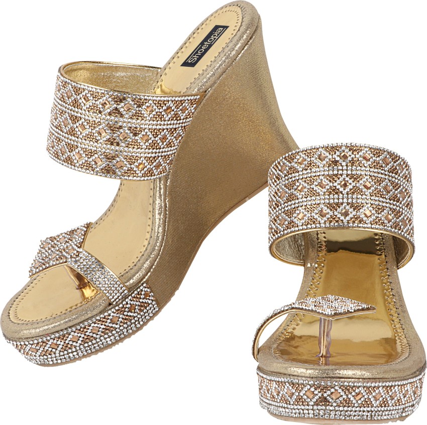 SHOETOPIA Women Gold Wedges