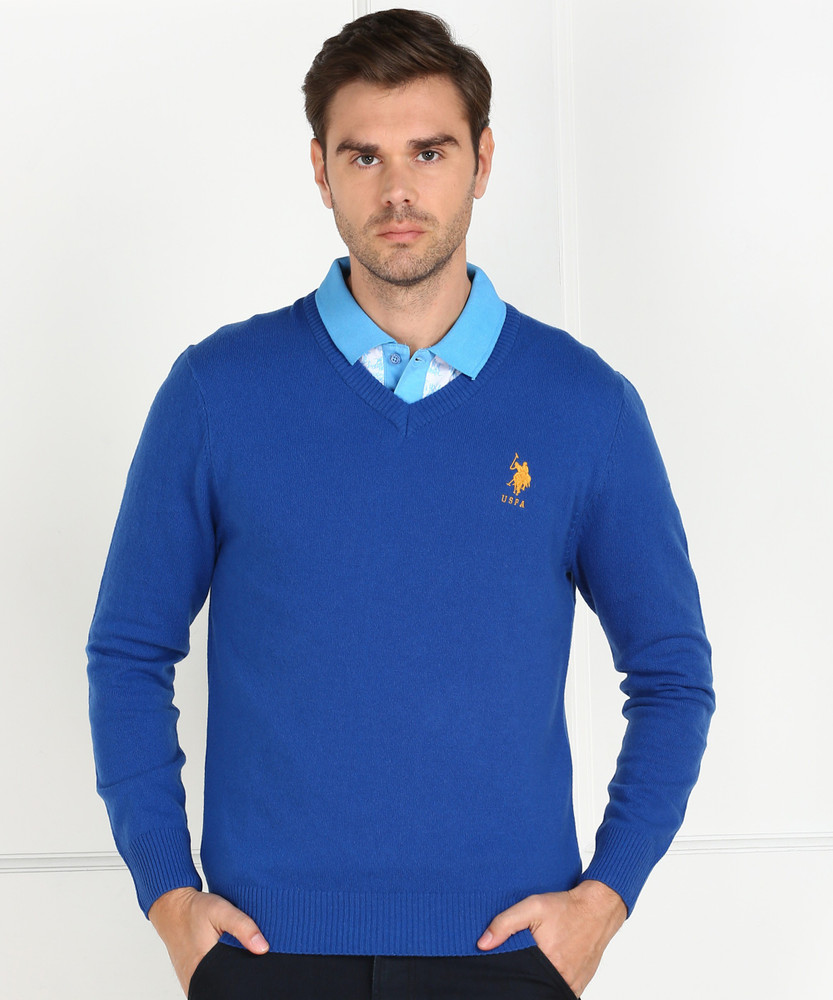 U.S. POLO ASSN. Solid V Neck Casual Men Blue Sweater Buy U.S