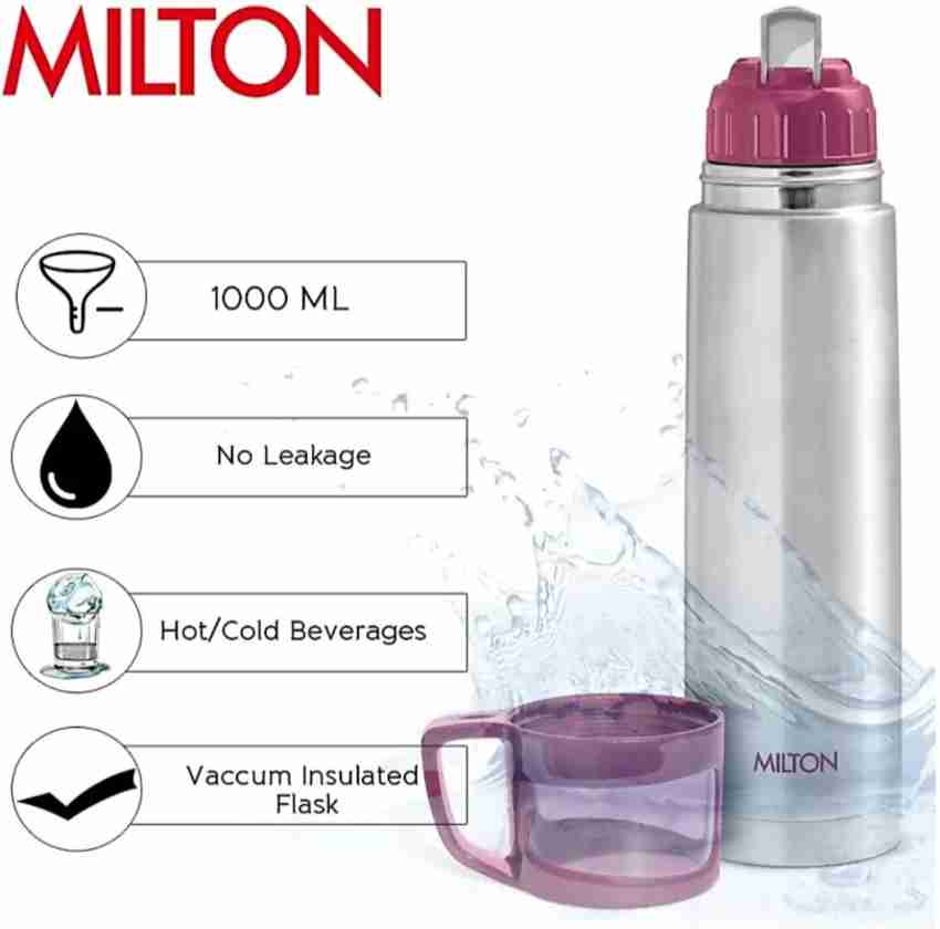 Milton Thermosteel Glassy 1000, Double Walled Vacuum Insulated 1000 ml | 34 oz | 24 Hours Hot and Cold Water Bottle with Drinking Cup Lid and Cover
