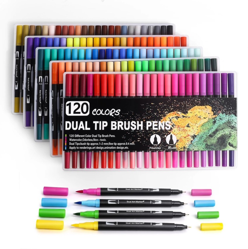 PathosIndia Dual Tip Brush Marker Pens set of 120,Fine and  Brush Tip Colored Pens for Coloring,Art,Sketching,Bullet Journal,Coloring  Book,Drawing - Dual tip marker pen