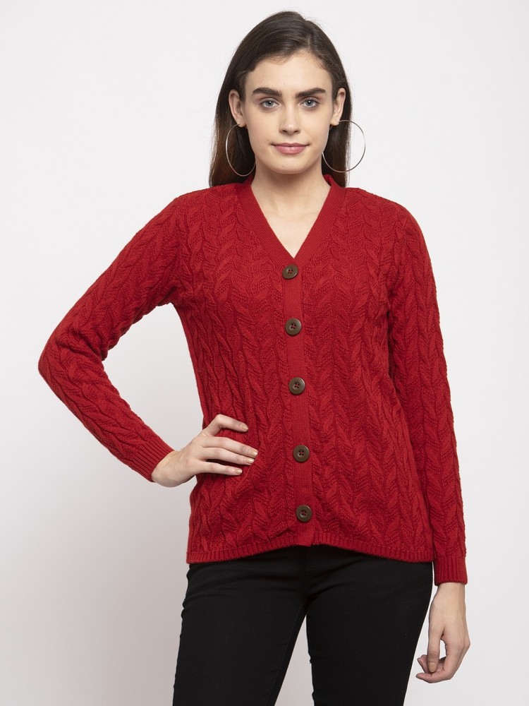 Kalt Women Full Sleeves Cable Button Acrylic Sweater