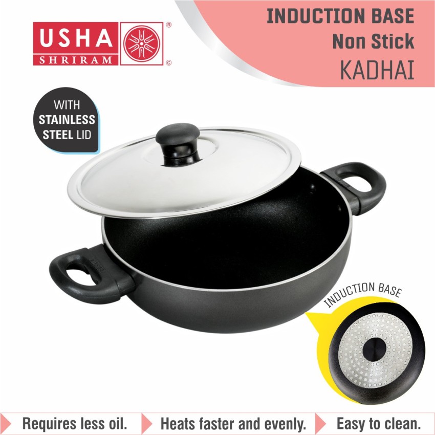 USHA SHRIRAM Triply Stainless Steel Kadai with Lid | 20 cm Diameter | 1.6 L  Capacity | Stove & Induction Cookware | Heat Surround Cooking | Triply