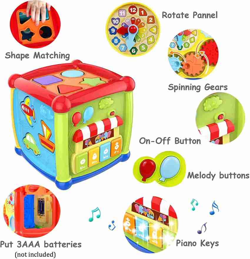 Baby Activity Cube - 6-in-1 Musical Baby Learning Toys, Play Set Includes  ABCD Letters, Colorful Shape Sorter, Vehicles Puzzle, 4 Piano Keys and More