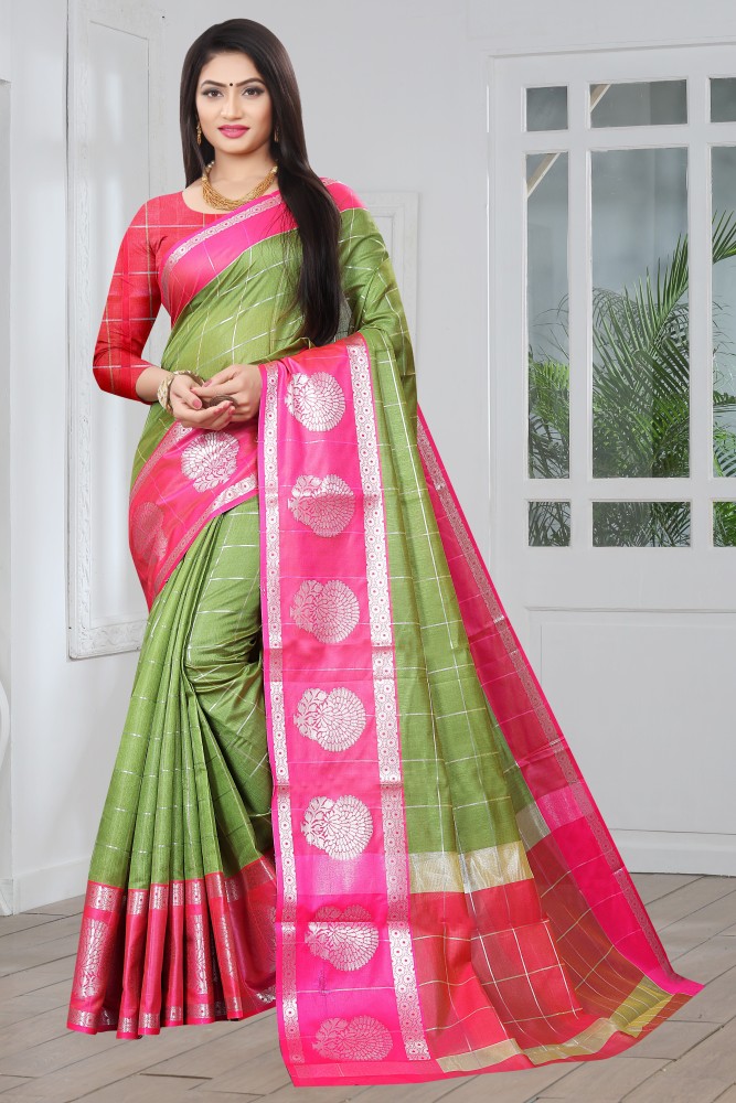 SLAGHA Women's Solid/Plain, Self Design, Color Block Handloom Pure Cotton  Saree, Green : : Fashion