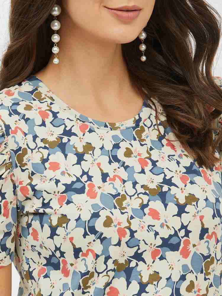 Buy Sinsay women round neckline short sleeve finger print top maroon Online