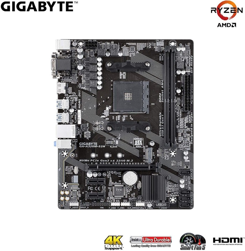 gigabyhte AMD A320, AM4 Socket,Ultra Durable Motherboard with Fast Onboard  Storage with NVMe,PCIe Gen3 x4 110mm M.2, 4K Ultra HD Support  (GA-A320M-S2H) Motherboard - gigabyhte 