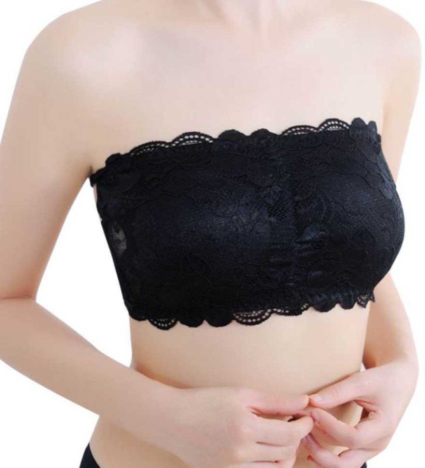 Women's Lace Tube Strapless Padded Bra (Free Size, 28B to 34B) (Free, White  and Black)Lace