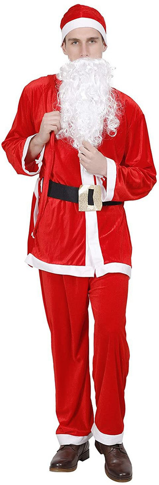 KAKU FANCY DRESSES Adult Santa Clause Fancy Dress in Velvet Fabric for Christmas Day Costume with White Beard Cap Belt and Bag For Men s 10 12 Years Kids Costume Wear Price in India