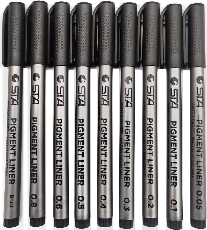 STA Black Pigment Fine Liner Brush Drawing Scrapbooking Pens 9 Pack